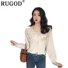 RUGOD Новые однотонные тонкие женские топы с оборками и круглым вырезом, повседневные женские кружевные Элегантные женские рубашки mujer de moda