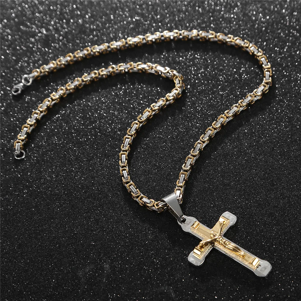 Jesus Mens Chain silver/Gold Tone Link chain Stainless Steel Cross PENDANT NECKLACE 24''