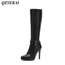 QZYERAI Winter fashion belt buckle womens boots fine heels patent leather womens shoes womens boots