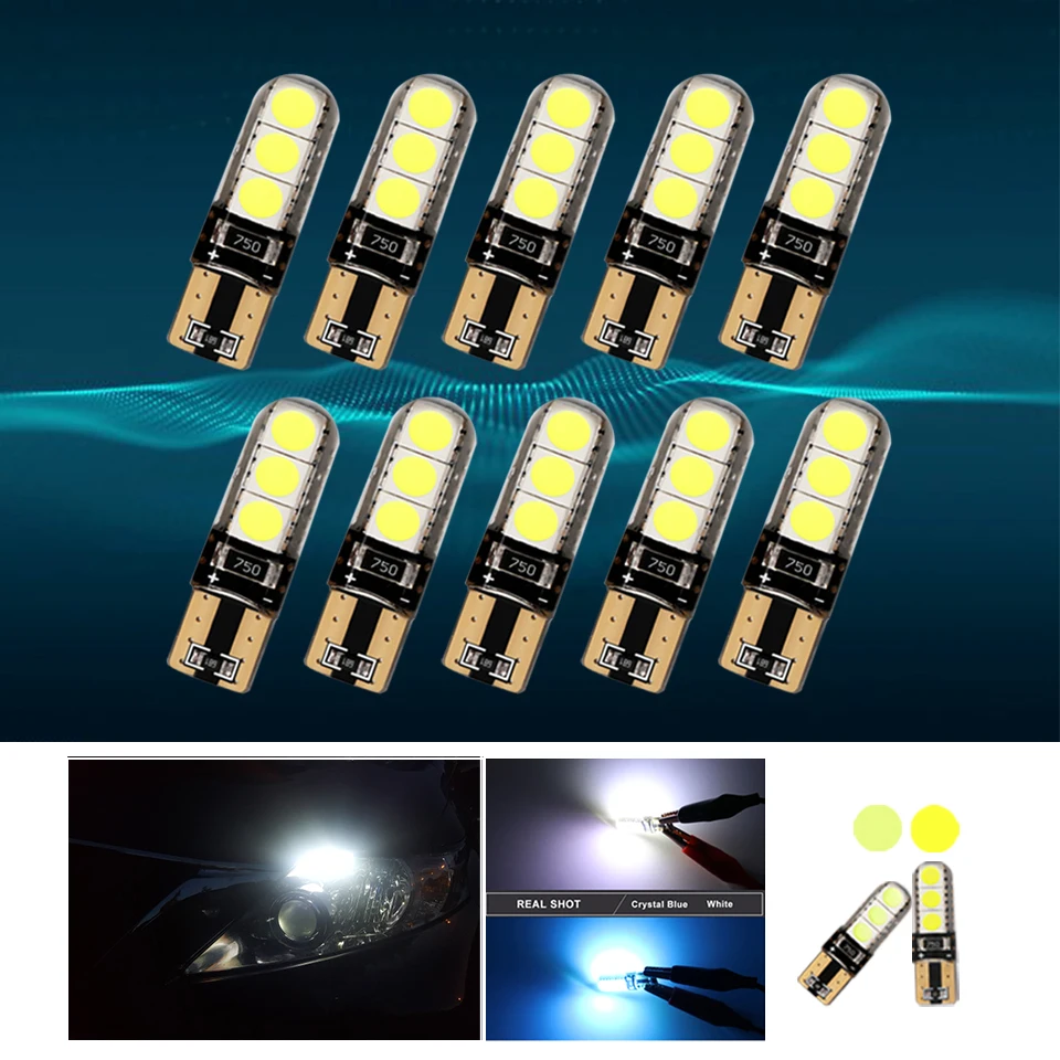 10 PCS 12V Car LED Light Bulbs T10 W5W 194 White Crystal Blue 5050 6
