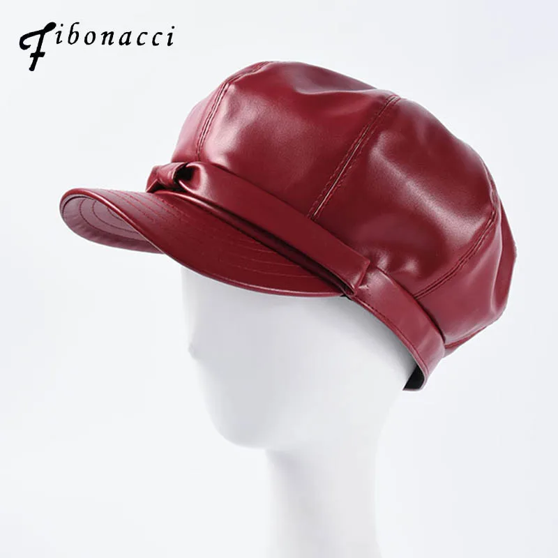 

Fibonacci Spring Autumn PU Bow Women Berets 2019 New Faux Leather Octagonal Newsboy Cap Female Vintage Artist Painter Beret Hat