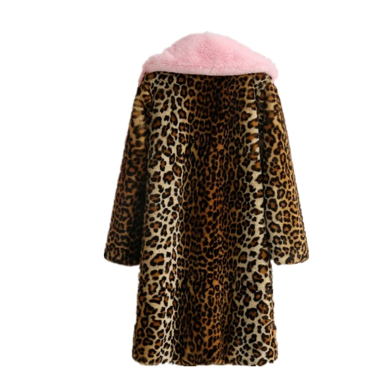Длинное меховое пальто с леопардовым принтом, зимняя меховая куртка, парка с розовым лисьим меховым воротником, плотное Женское пальто для русской зимы, Женское зимнее пальто 47