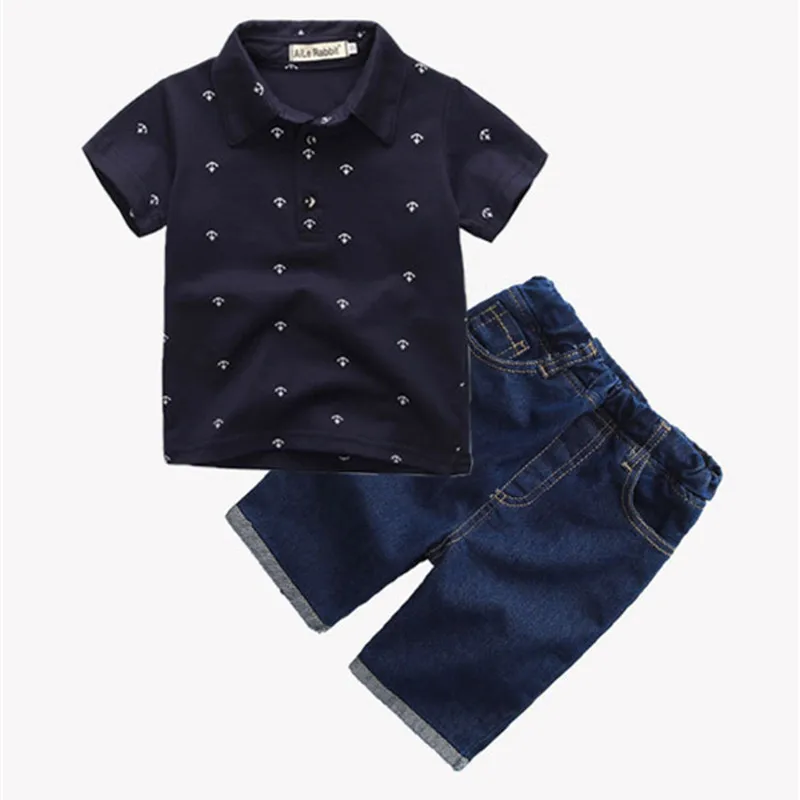  DFXD High Quality Kids Boy Clothes Summer Baby Boys Clothing Sets Short Sleeve Anchor Print Shirt+J