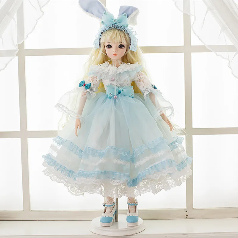 

1/3 Silicone BJD Doll With Brown Eyes Cute Rabbit Ear Design Headband Elegant Dress Baby Makeup Dolls Toys for Girls Xmas Gift