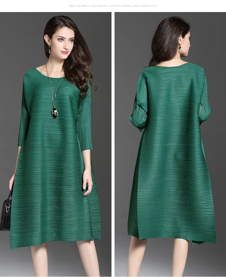 Новинка весны, плиссированное женское повседневное свободное платье большого размера, эластичное платье с рукавом три четверти, черное, синее, серое, зеленое платье миди