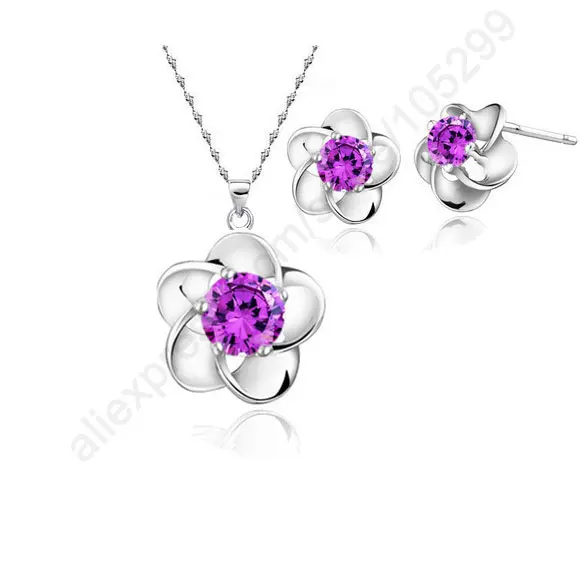 

Fast Ship Purple Genuine Real S925 Sterling Silver Jewelry Sets Cubic Zirconia CZ Necklace Pendant Sud Earring