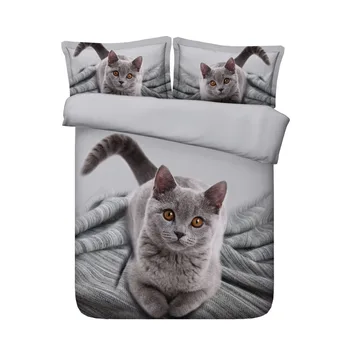 

JF-449 grey color bedding set queen king size bed linen 4pcs cute kitten duvet covers single full bedclothes 3d sheets