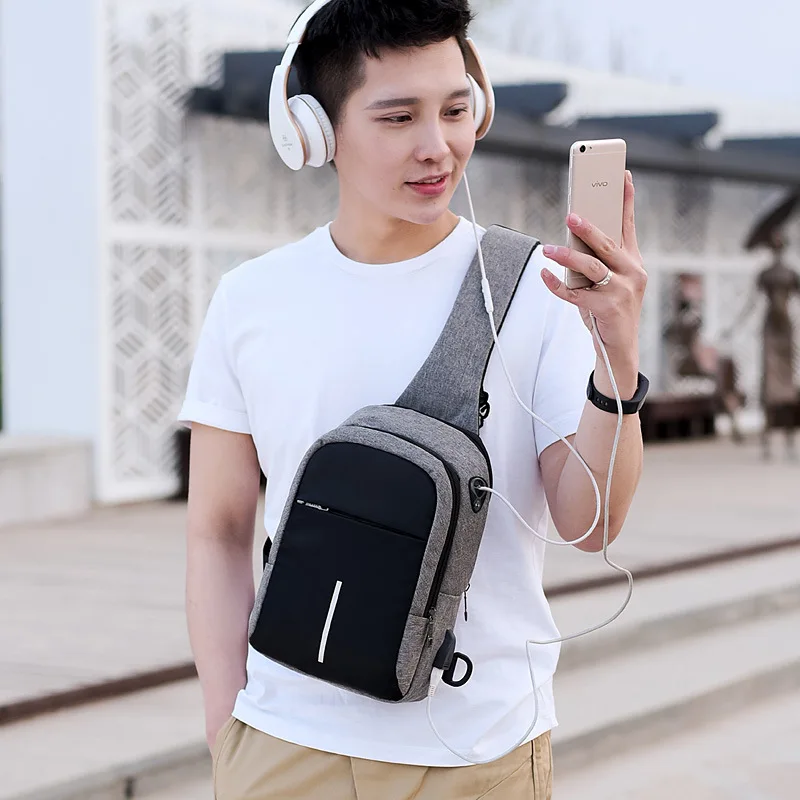  FengDong small usb charge one shoulder bag men messenger bags male waterproof sling chest bag 2019  - 32867211279
