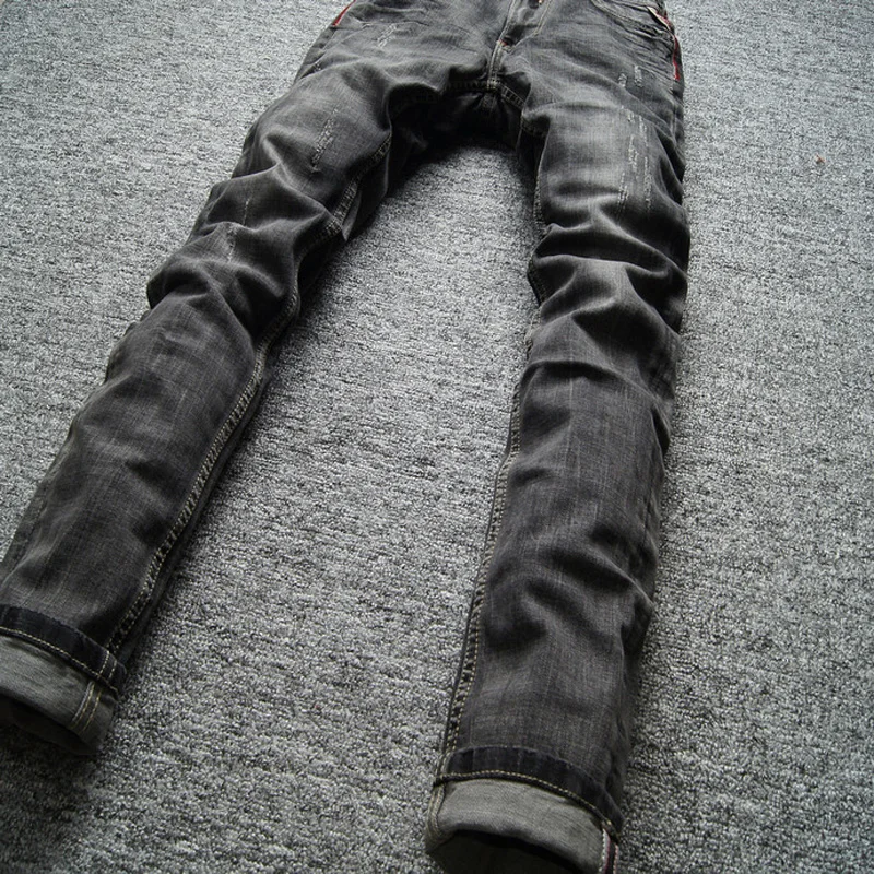 Классические Черные Серые джинсы, мужские джинсы, Ретро дизайн, облегающие джинсы, мужские Модные уличные рваные джинсы, высокое качество, байкерские джинсы, Homme