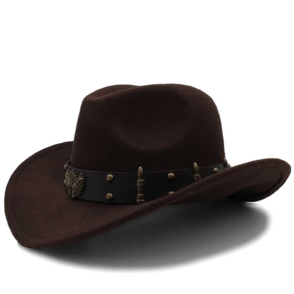 Женская Мужская Черная шерстяная шляпа, ковбойская шляпа в западном стиле, шляпа джентльмена, джаз, сомбреро, Hombre, кепка, элегантные женские ковбойские шляпы для женщин, размер 56-58 см - Цвет: Coffee
