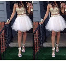 2016 heißer Gold Schatz Spaghetti-trägern Ballkleid Perlen Tüll Abiballkleider Kurze abschlussball-kleider Party Kleid Nach Maß