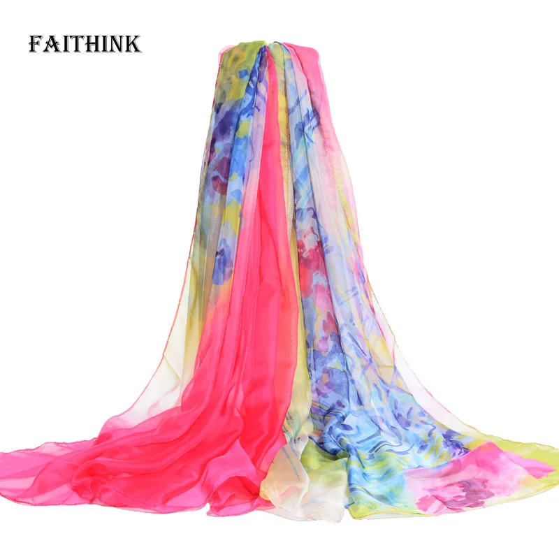 

[FAITHINK] Woman Geometric Orange Silk Wrap Scarf Brand Active Luxury Poncho Spring and Autumn Bufandas Stripe Designer Echarpes