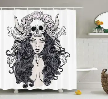 

Gothic Collection Woman Long Hair Horns Roses Skull Mysterious Hunted Folklore Artwork Bathroom Shower Curtain Set Long Black