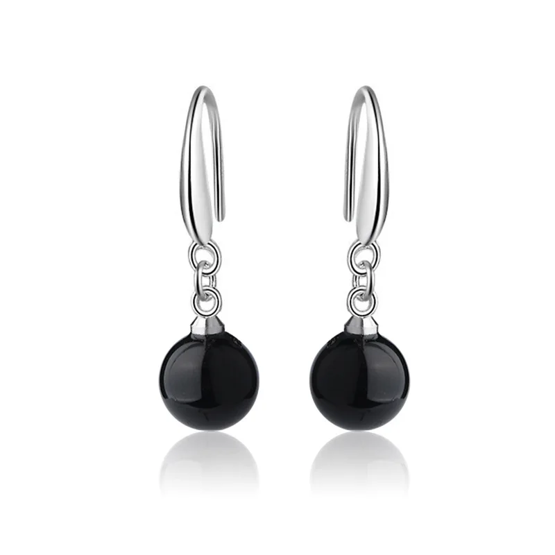 

LE SKY Natural Fashion Earrings Bead Shape Black Agates Drop Earrings Fine Jewelry Gift for Woman