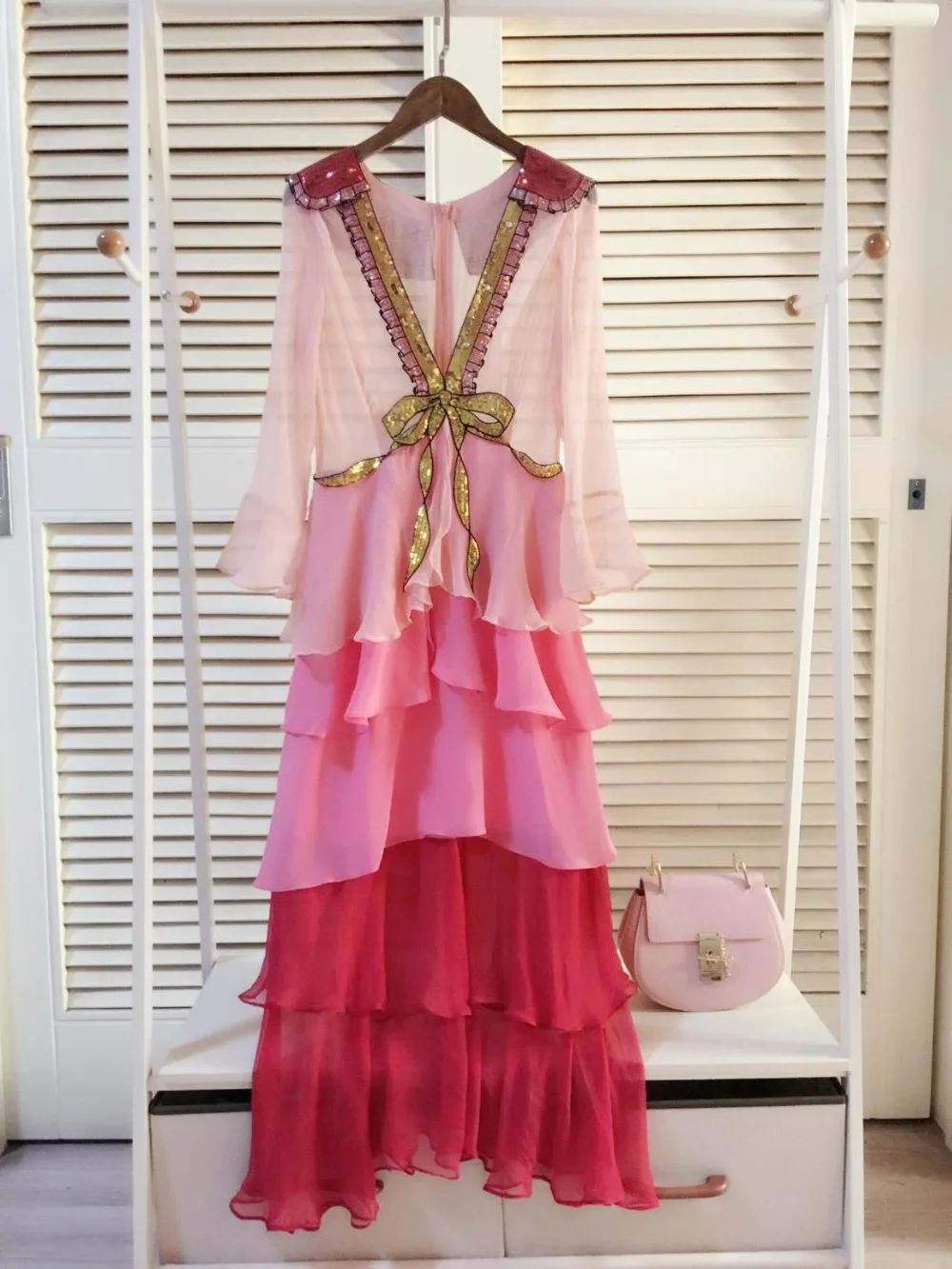 

Fashion women's V neck bowknot layered dress Spring summer runways elegant Chiffon dress A150