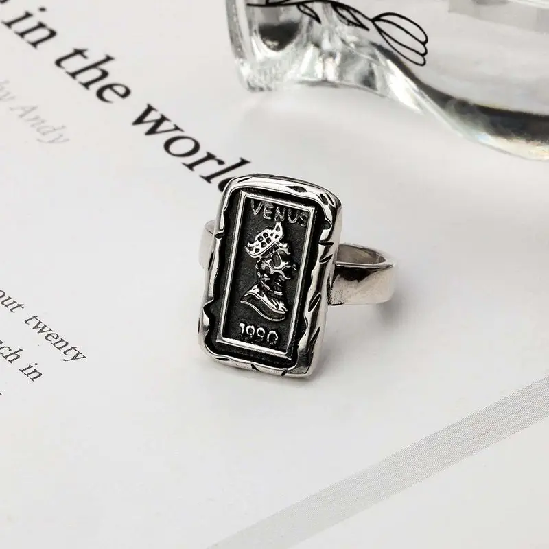 Silvology 925 Sterling Silver Square Figure Rings Vintage Do Old Coin Creative Venus Rings For Women Elegant Korea Jewelry