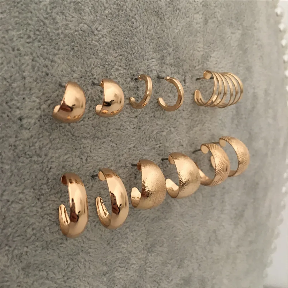 

TRENDY GOLD ROSEGOLD RHODIUM PLATING SMOOTH ROUGH ENGRAVED HEART VARIOUS SMALL HOOP 6 PAIR EARRING SET