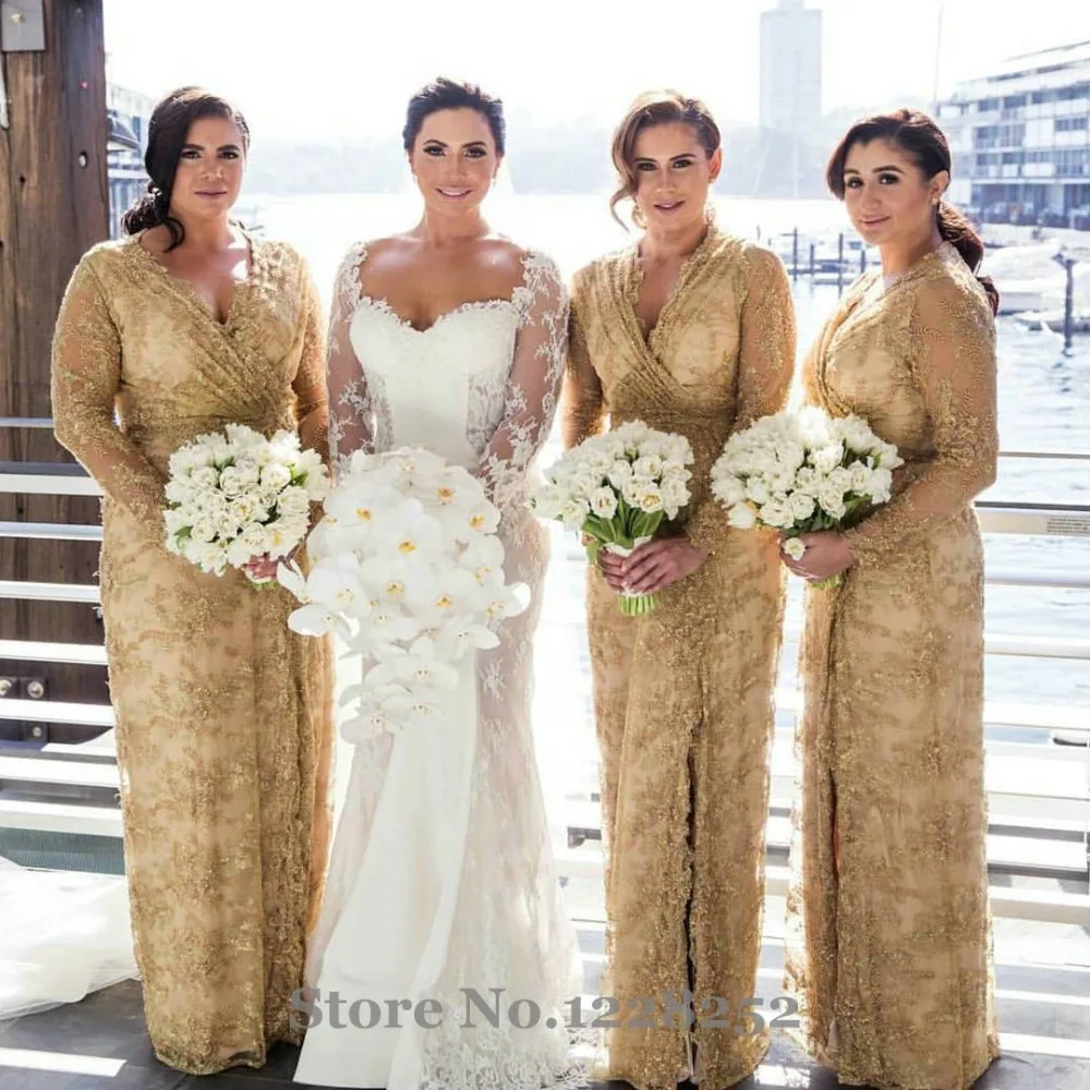 Wedding Gold Bridesmaid Dresses online buy wholesale plus size gold bridesmaid dresses from china fashion lace dress with full sleeves illusion v neck appliqued bridesmaid
