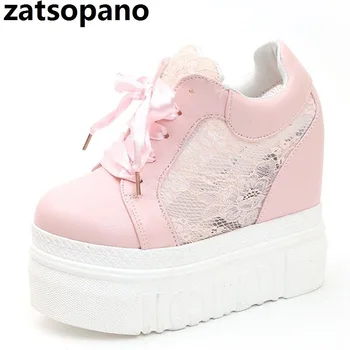 

Zat Women 14cm Hidden Heels Wedges Lace Up Casual Shoes Woman Fashion White Breath Height Incresing Shoes Pumps Pink White Black