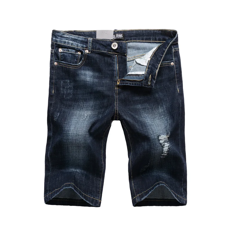Летние модные мужские шорты высокого качества темно-синего цвета облегающие эластичные рваные Короткие Джинсы Стрейчевые джинсовые шорты для мужчин