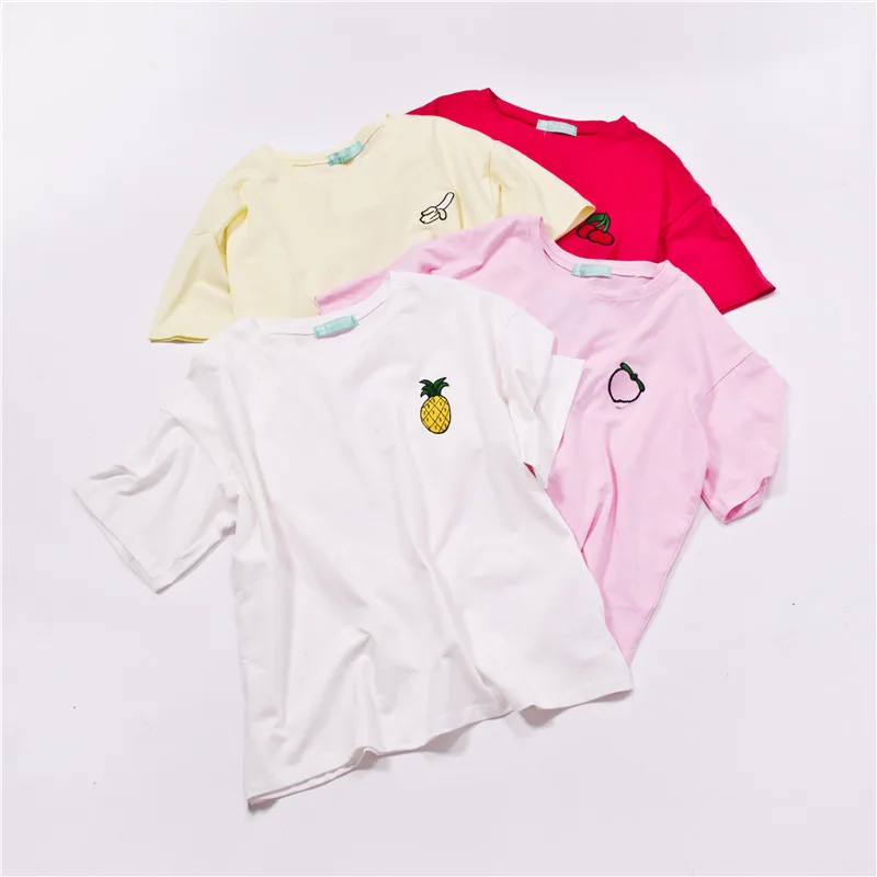 Harajuku Embroidered Top 2018 Summer T Shirt Women Tops Peach Pineapple Banana Cherry Fruit Short-sleeved T-shirt Loose T Shirts
