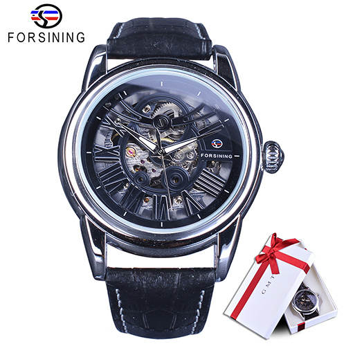 Official Exclusive Sale Roman European Retro Wave Design Classic Transparent Men's Automatic Watches Genuine Leather