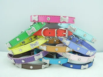 

2014Personalized Pu Dog Pet Collars With Rhinestone Bone Decoration,Mixed Colors,Free Shipping