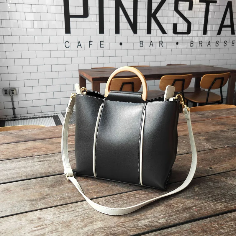 

Leather Women Handbags 2019 Tote Bag Sac A Main Femme Ladies New Brand Crossbody Bag Soft Designer Organizer Wooden Top Handle