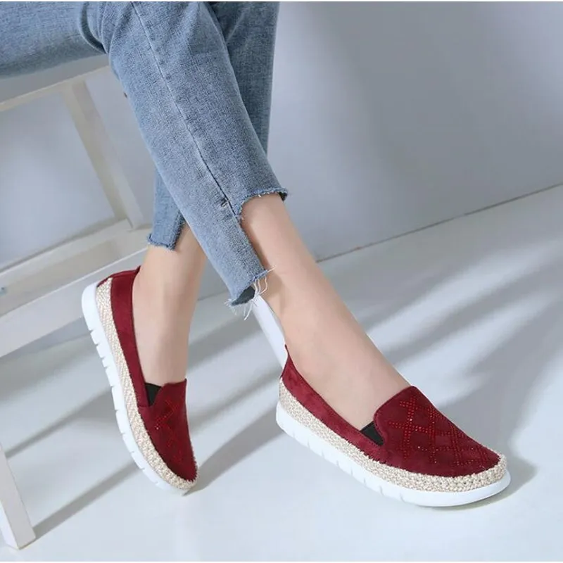 Big size 42 Women Casual Flat Loafers Shoes Woman Female Bling Rhinestone Slip on Sneakers Straw hemp rope Fishermen Boat | Обувь