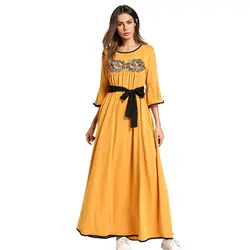 Повседневное Для женщин вышивка Макси платье свободные мусульманские Абаи длинный халат платья кимоно jubah Рамадан арабский Исламская