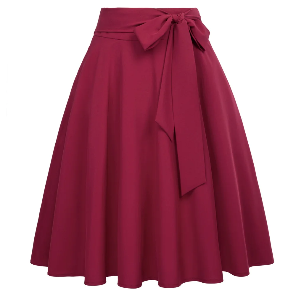 Летние юбки с бантиком для женщин, цвет красного вина, черный, Saias, одноцветная, высокая талия, самозавязывающийся бант, украшенная, трапециевидная Женская юбка - Цвет: Wine
