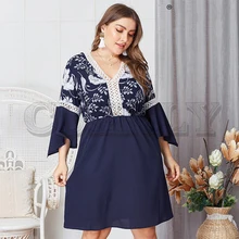 CUERLY Plus size vintage print women dress Sexy v-neck hollow out patchwork summer dress Elastic high waist female short dress CUERLY Plus size vintage print women dress Sexy v-neck hollow out patchwork summer dress Elastic high waist female short dress