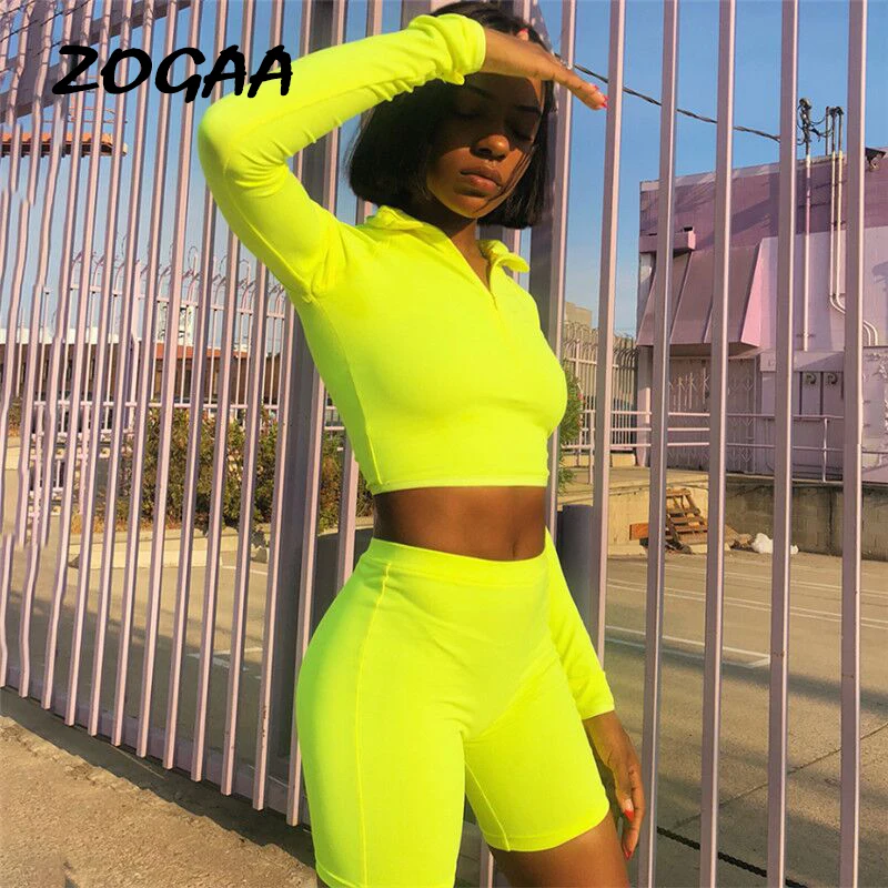 

ZOGAA New Female Fluorescence Fitness Two Pieces Sets 2019 Summer Full Sleeve Zipper Turtleneck Tops And High Waist Shorts Suits