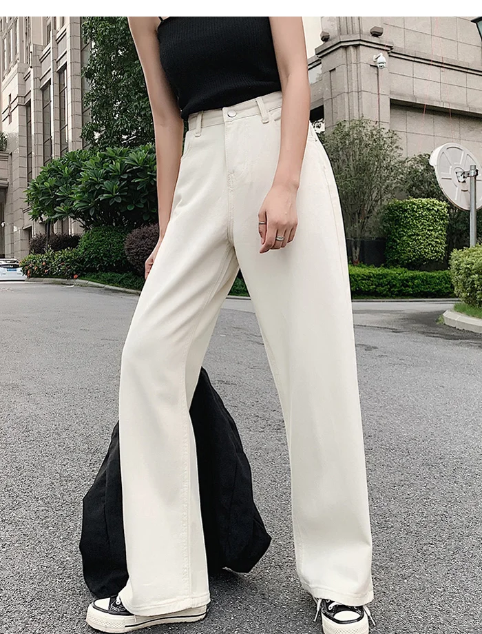 Women Denim Jeans Wide-leg Pants Straight Loose Zipper Casual High Waist Long Jeans White Blue Autumn Female Jeans S-XL