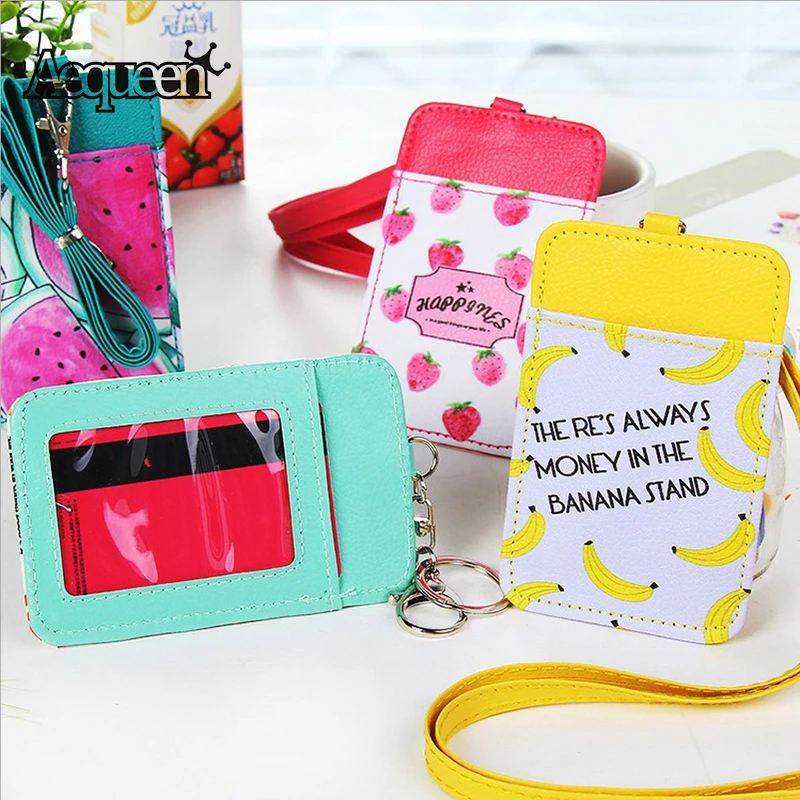

AEQUEEN Card Holder with Lanyard Cute Fruit ID Bus Cards Slots KeyChain Bag Women Girls Credit Card Case Cartoon Wallet Children