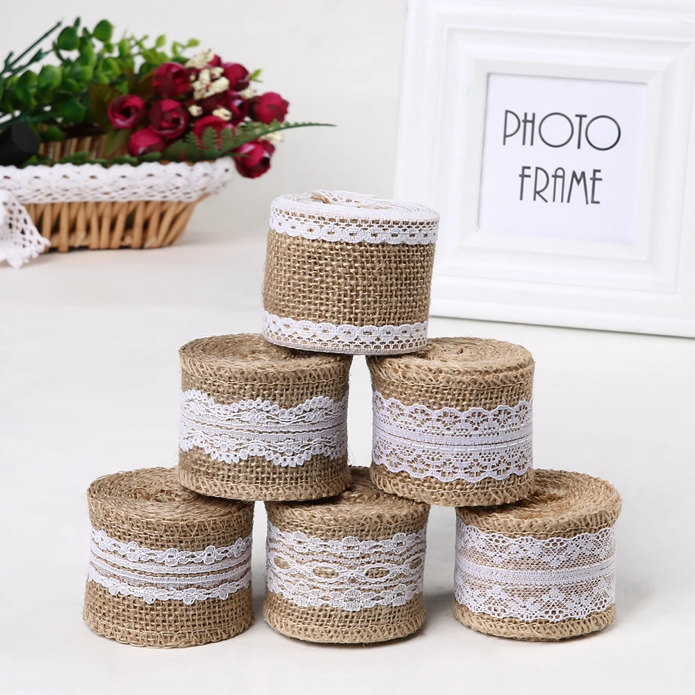 

1PC 2M Jute Burlap Natural Hessian Ribbon With Lace Trim Edge Wedding Rustic Vintage Ribbon
