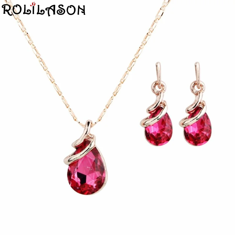 

ROLILASON Romantic Water drop shaped rose pink zircon pendant Champagne gold color chain necklace women earrings set JS827