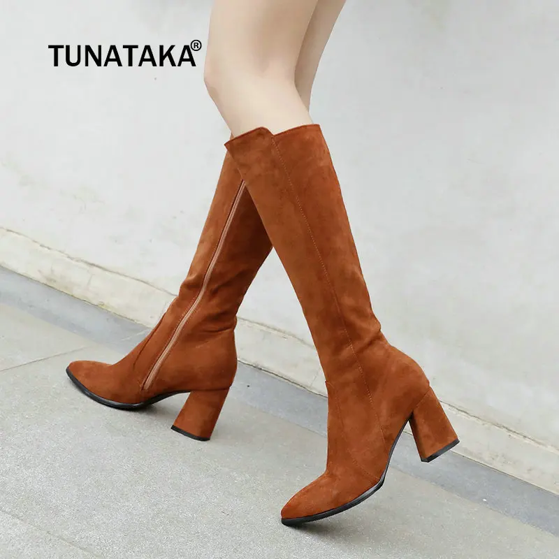 

Woomen Knee High Boots Flock Thick High Heels Fashion Zipper Boots Round Toe Autumn Winter Woman Shoes 2018 Black Yellow