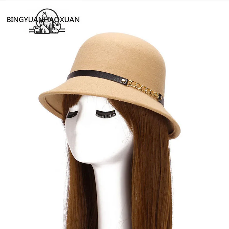 

BINGYUANHAOXUAN New Hot Winter Imitation Wool Felt Hats & Caps Women's Fedoras Personalized metal chain Retro Bucket Hat 57-58cm