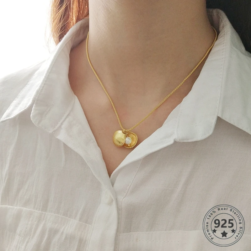 

LouLeur Real 925 Sterling Silver Shell Pearl Necklace Gold Pendant Elegant Party Necklace For Women Fashion Fine Jewelry Gifts