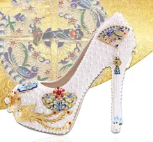 White Pearl Phoenix wedding shoes High heels with water cloisonne princess shoes Asakuchi shoes bridal shoes