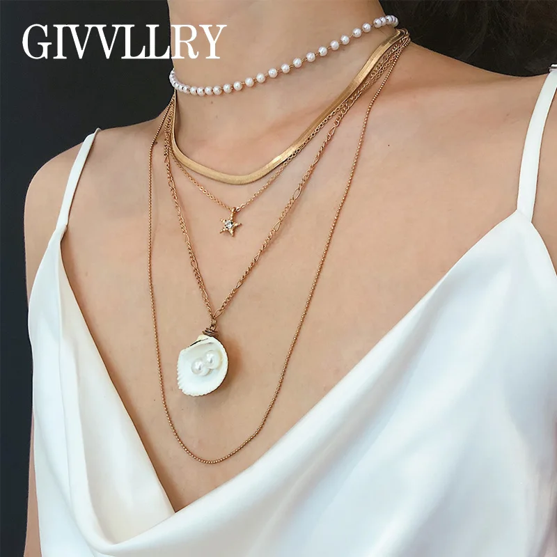 

GIVVLLRY Multilayered Pearl Chain Necklace for Women Creative Bohemian Gold Star Natural Shell Pendant Necklace Fashion Jewelry