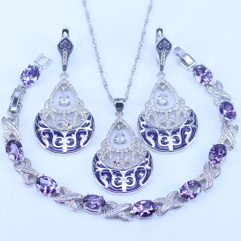 

Pretty Jewelry Set HANDMADE Enamel CZ Stones Water Drop Earrings Pendent Necklace Bracelets 925 Sterling Silver Women Set