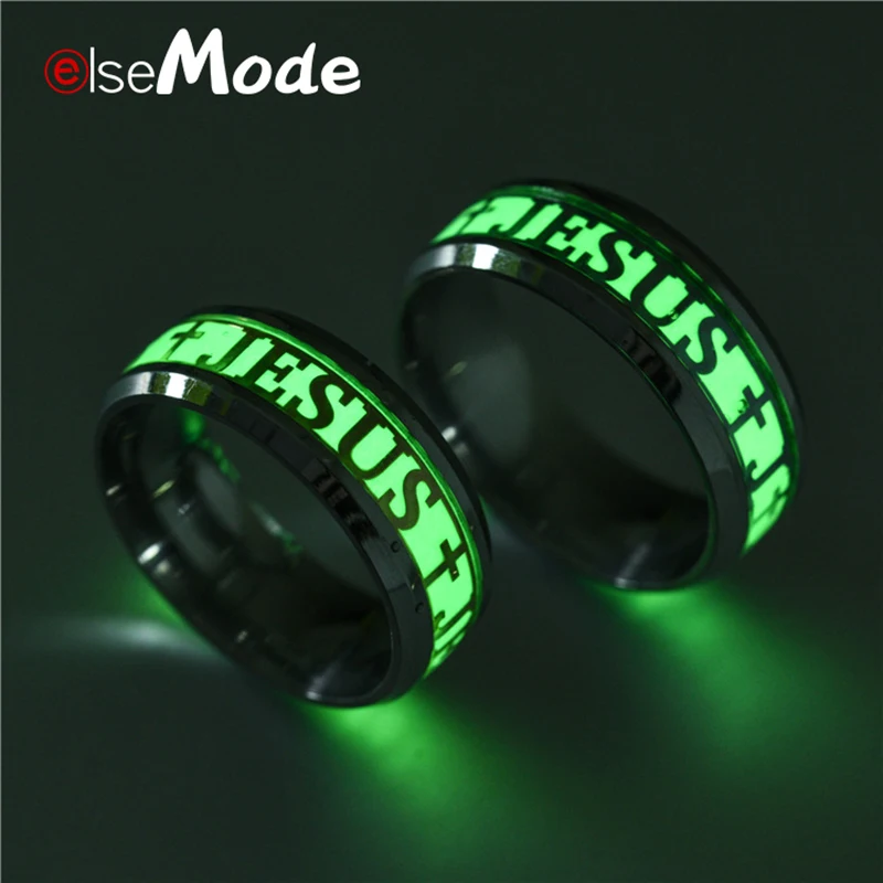 ELSEMODE Luminous JESUS Cross Christ Ring Titanium Steel Glowing In The Dark Wedding Engagement Rings For Women Men Jewelry