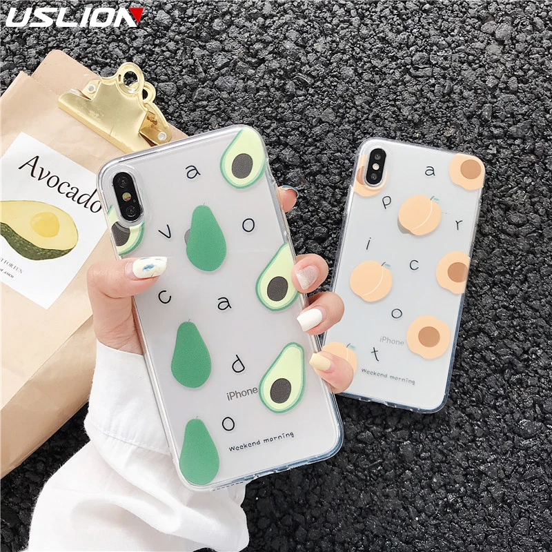 

USLION Plain Cartoon Avocado Peach Phone Cases For iPhone 7 8 6s Plus Summer Fruit Pattern Clear Case Soft TPU Cover XR XS Max X