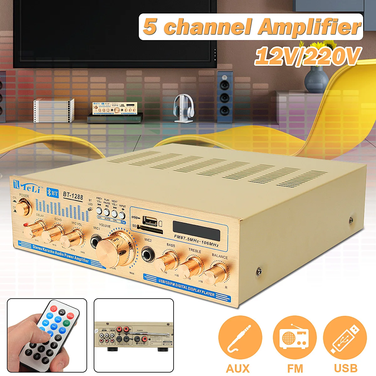 

2*100w 12V/220V 2 Channel Equalizer Bluetooth Home Stereo Power Amplifier USB Car Amplifier Home Theater Amplifiers Audio
