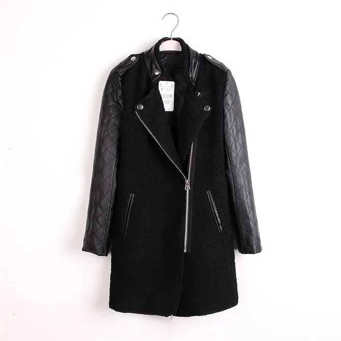 Новинка, Женская куртка из искусственной кожи, черное пальто из овечьей шерсти с отстроченным воротником, пальто с рукавом в стиле пэчворк