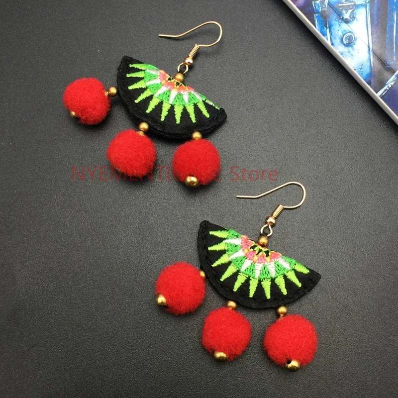 40PCS MANILAI HMONG EMBROIDERY EARRINGS WITH POM POM EARRINGS ETHNIC STYLE ACCESSORIES DANGLE EARRINGS FOR WOMEN 2018