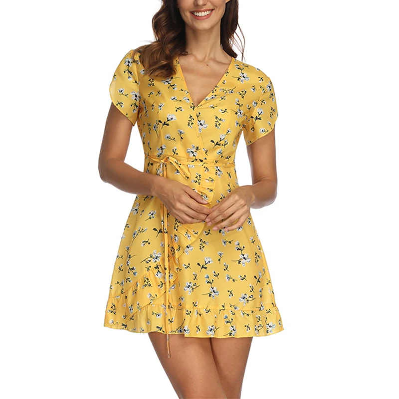 

Yellow Summer Mini Dresses Women Sexy Floral Ruffle Lacing Beach Dress Female Slim Streetwear Boho Party Dress Vestidos Ladies