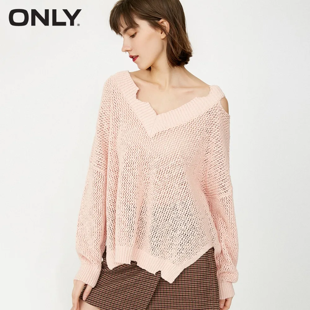 

ONLY Women's 100% Cotton V-neckline Ripped See-through Sexy Knitted Sweater Pullover |118124544